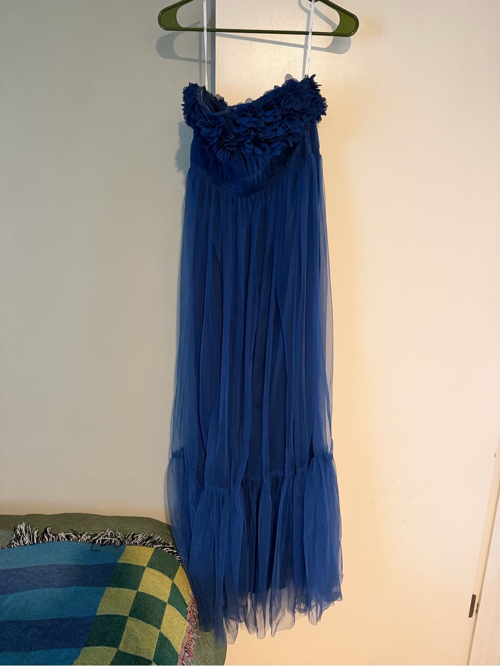 Royal Blue Strapless Tulle Maxi Gown with Textured Floral Bodice